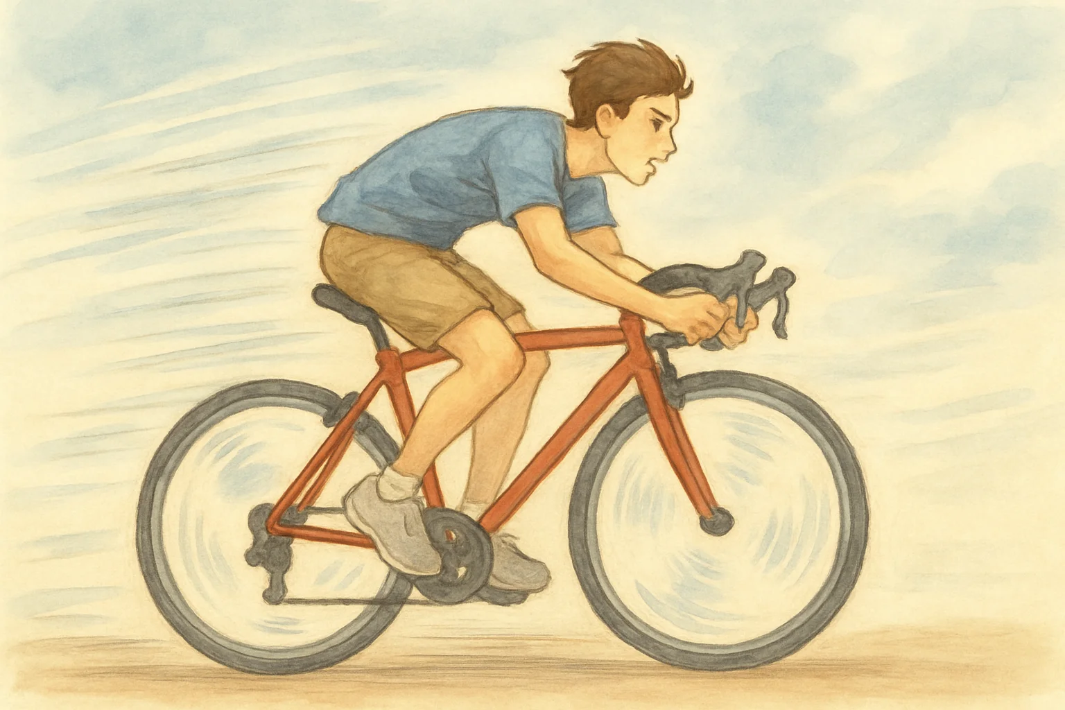 自転車を全力でこいで疾走する青年の水彩画風イラスト。青年は前傾姿勢で力強くペダルを踏み込み、背景にはスピード感のある風景が描かれている。
