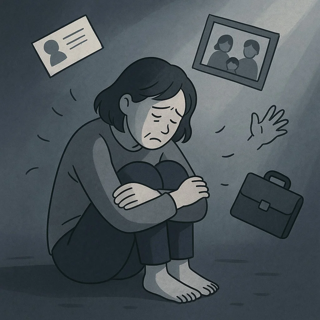 暗い部屋でうずくまる中年女性の周囲に、名刺、家族写真、手、ブリーフケースが浮かび、存在の危機を象徴するイラスト