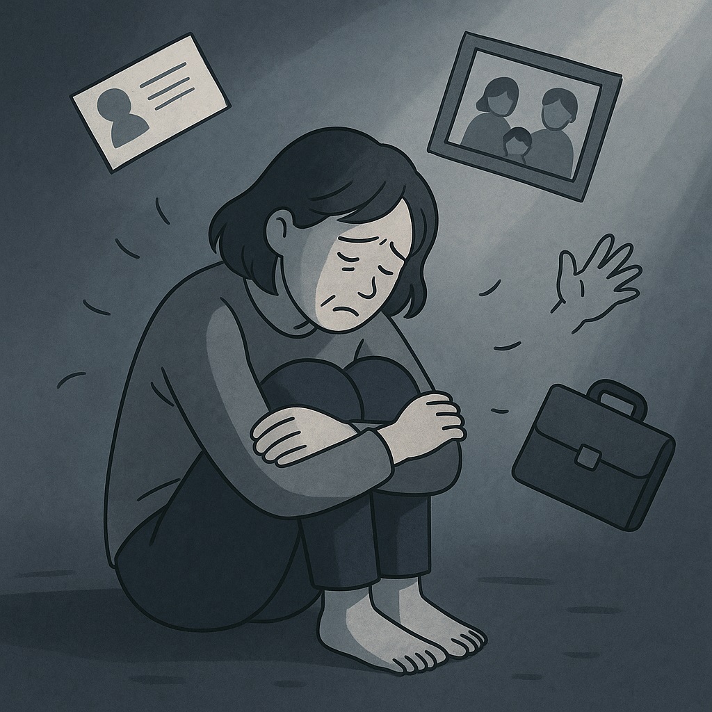 暗い部屋でうずくまる中年女性の周囲に、名刺、家族写真、手、ブリーフケースが浮かび、存在の危機を象徴するイラスト