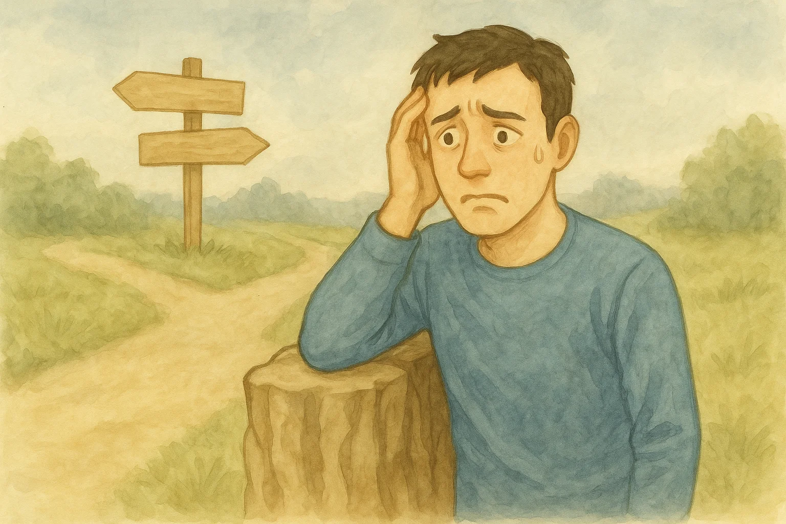道に迷って困惑する30歳くらいの男性の水彩画風イラスト。背景には分かれ道と標識があり、男性は思考障害により混乱した表情で頭を抱えている。