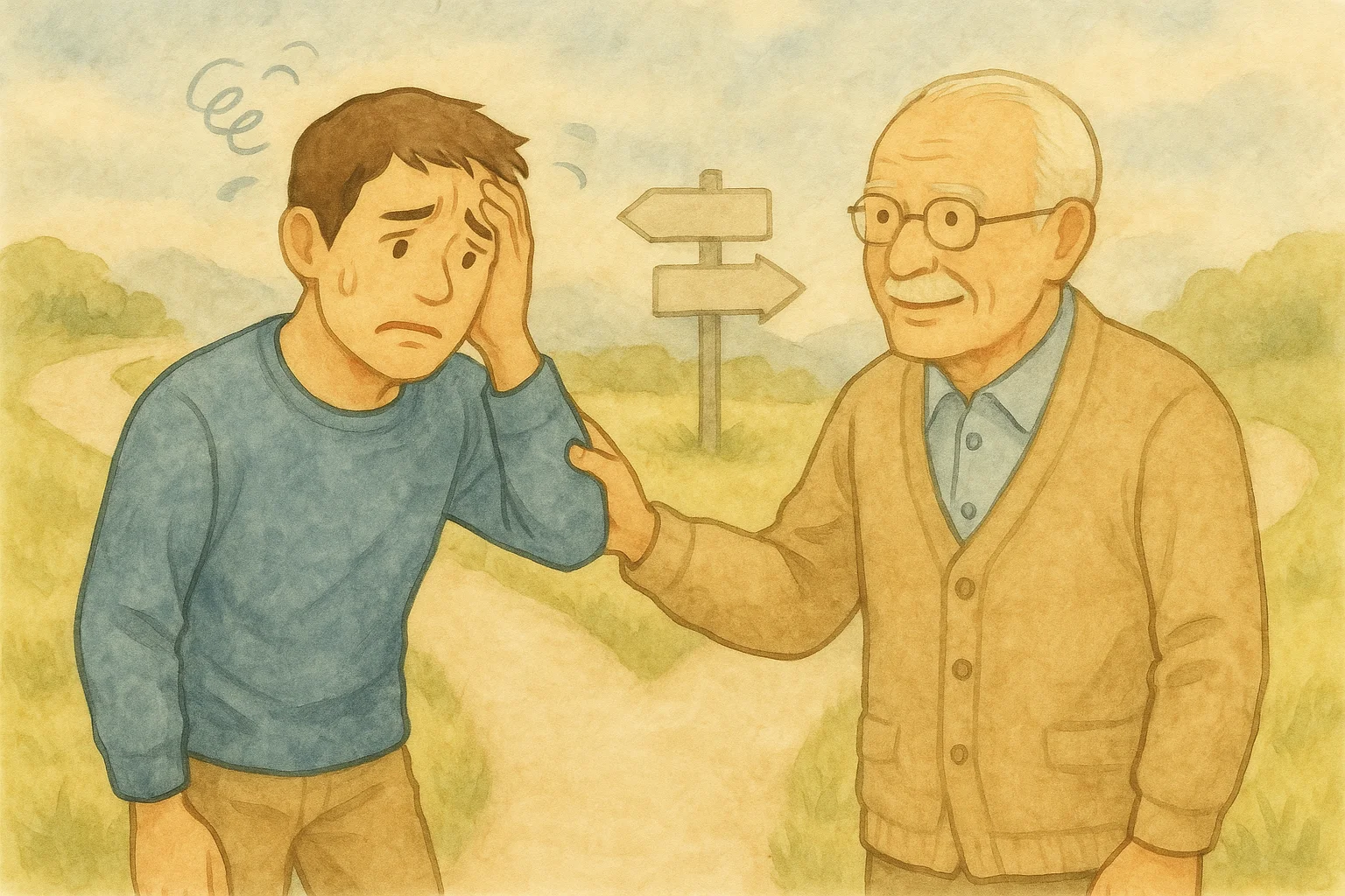 道に迷って途方に暮れる若い男性に、優しく手を差し伸べる老人を描いた水彩画風イラスト。