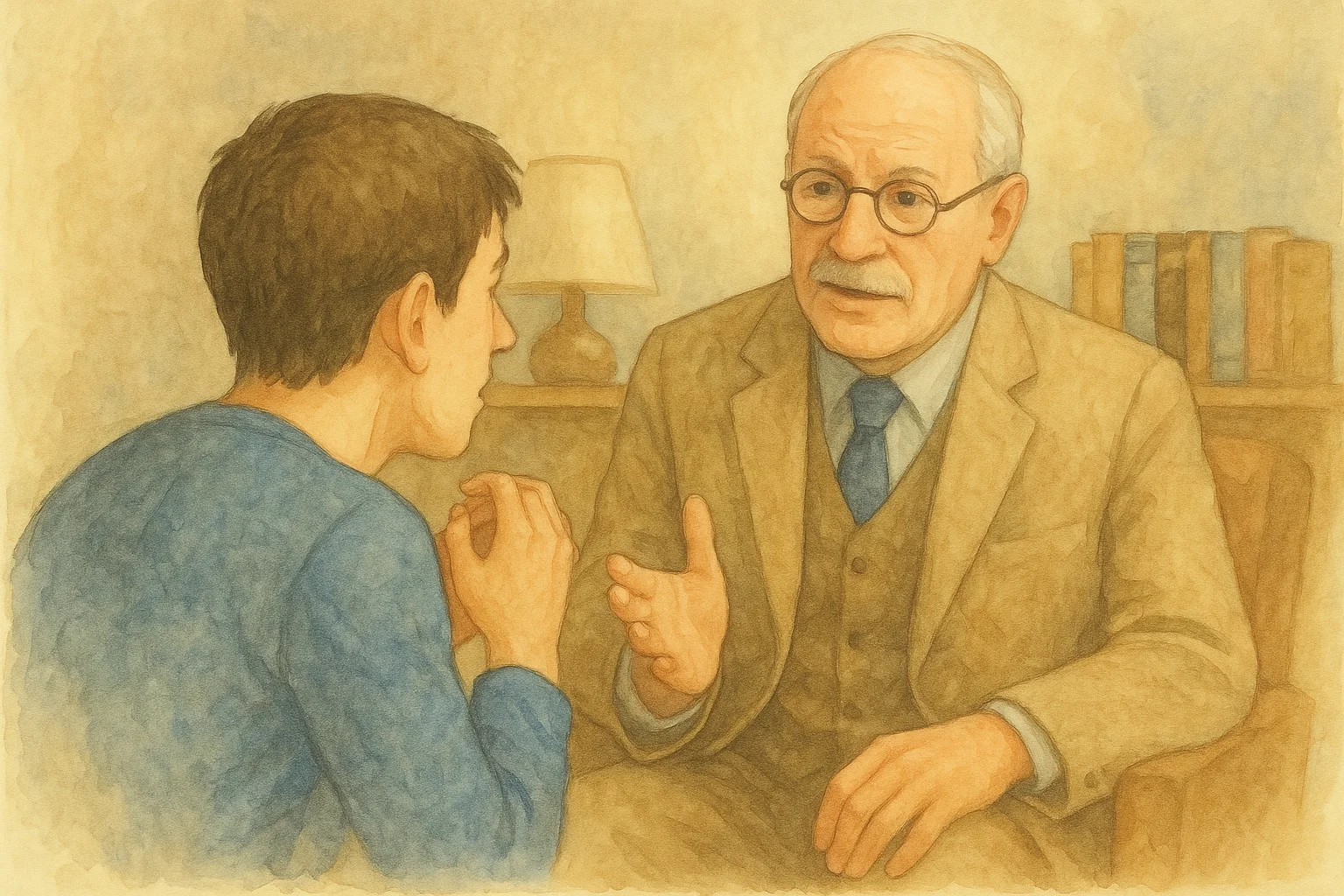 ユング風の老年精神科医が若い患者に穏やかに語りかけている水彩画風のイラスト。落ち着いた相談室で、二人は真剣な対話を交わしている。
