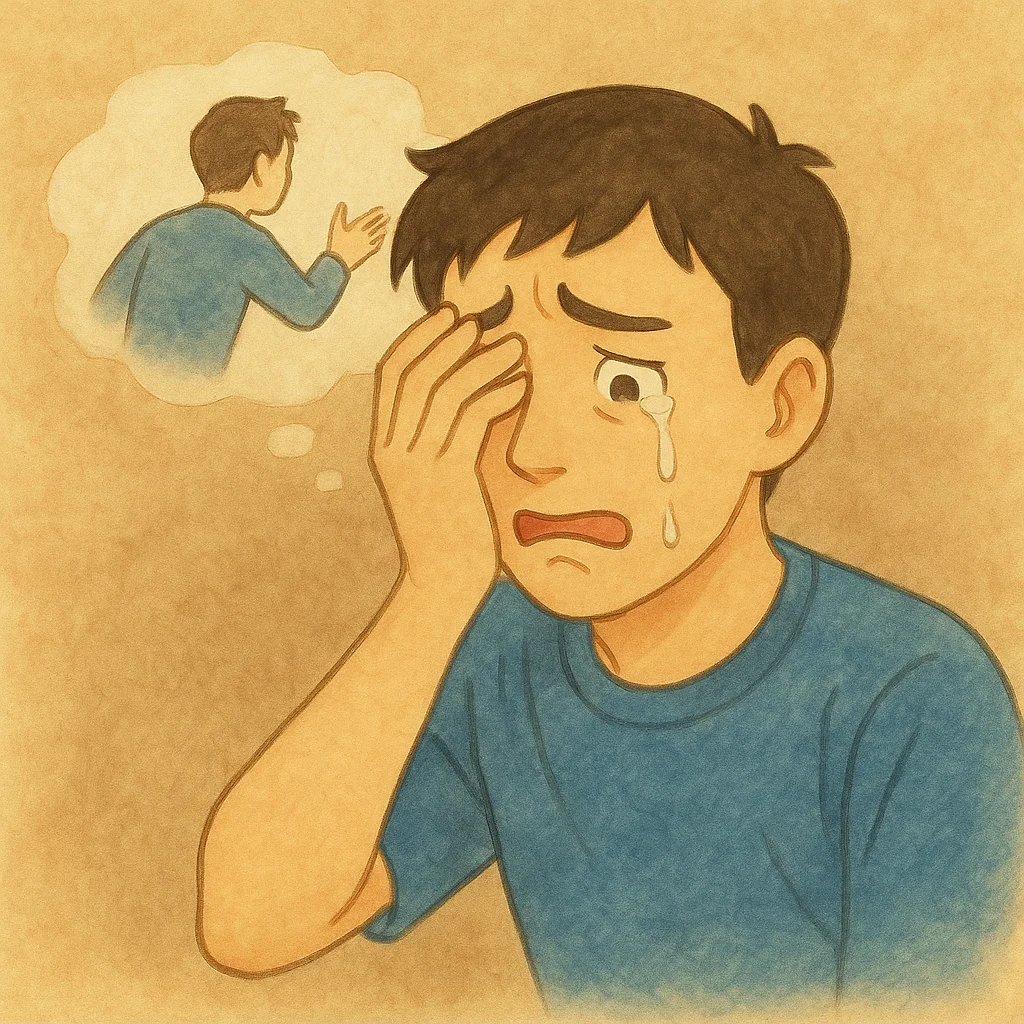 過去の過ちを後悔して涙を流している20歳くらいの青年の水彩画風イラスト。青年の頭には、過去の行動を思い出すようなぼんやりとした回想シーンが浮かんでいる。