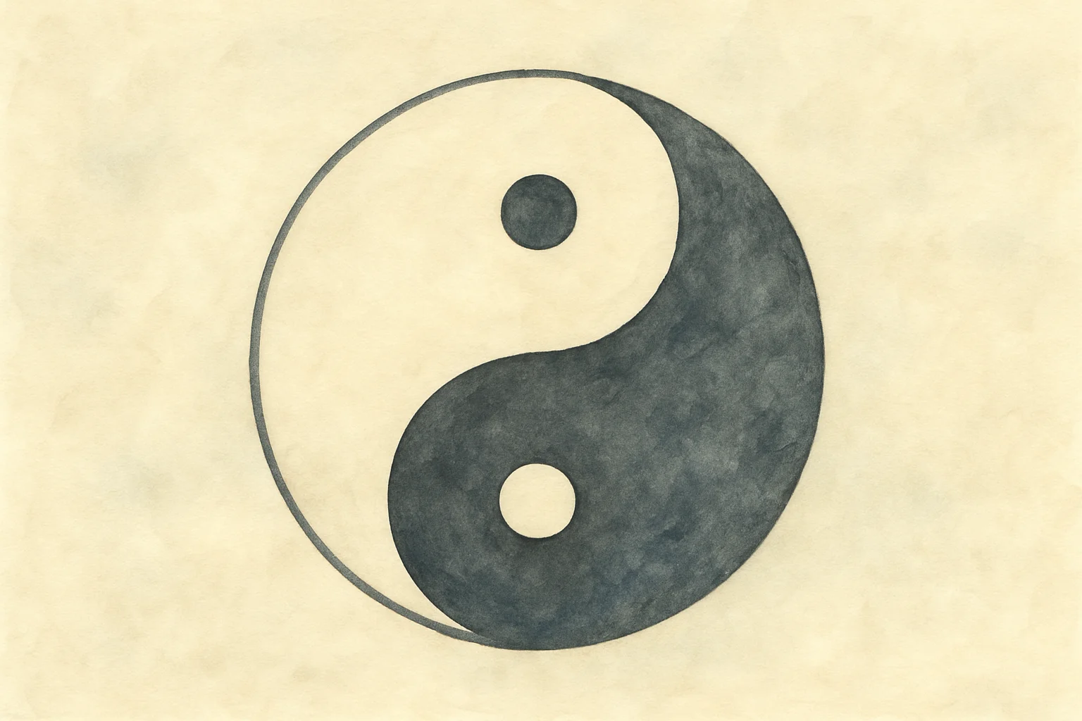 中国の陰陽思想を象徴する白黒の太極図を水彩画風に描いたイラスト。黒と白の曲線が円の中で調和し、それぞれに白と黒の小さな点がある。