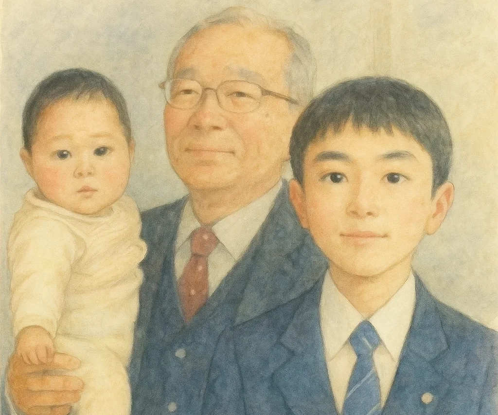 孫に囲まれたうれしそうなおじいちゃん