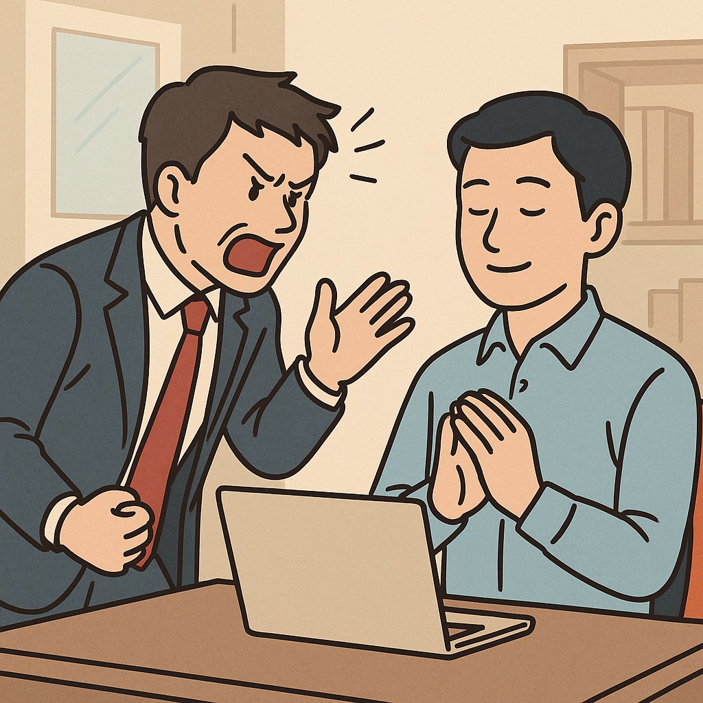 怒る上司に冷静に対応する男性のイラスト
