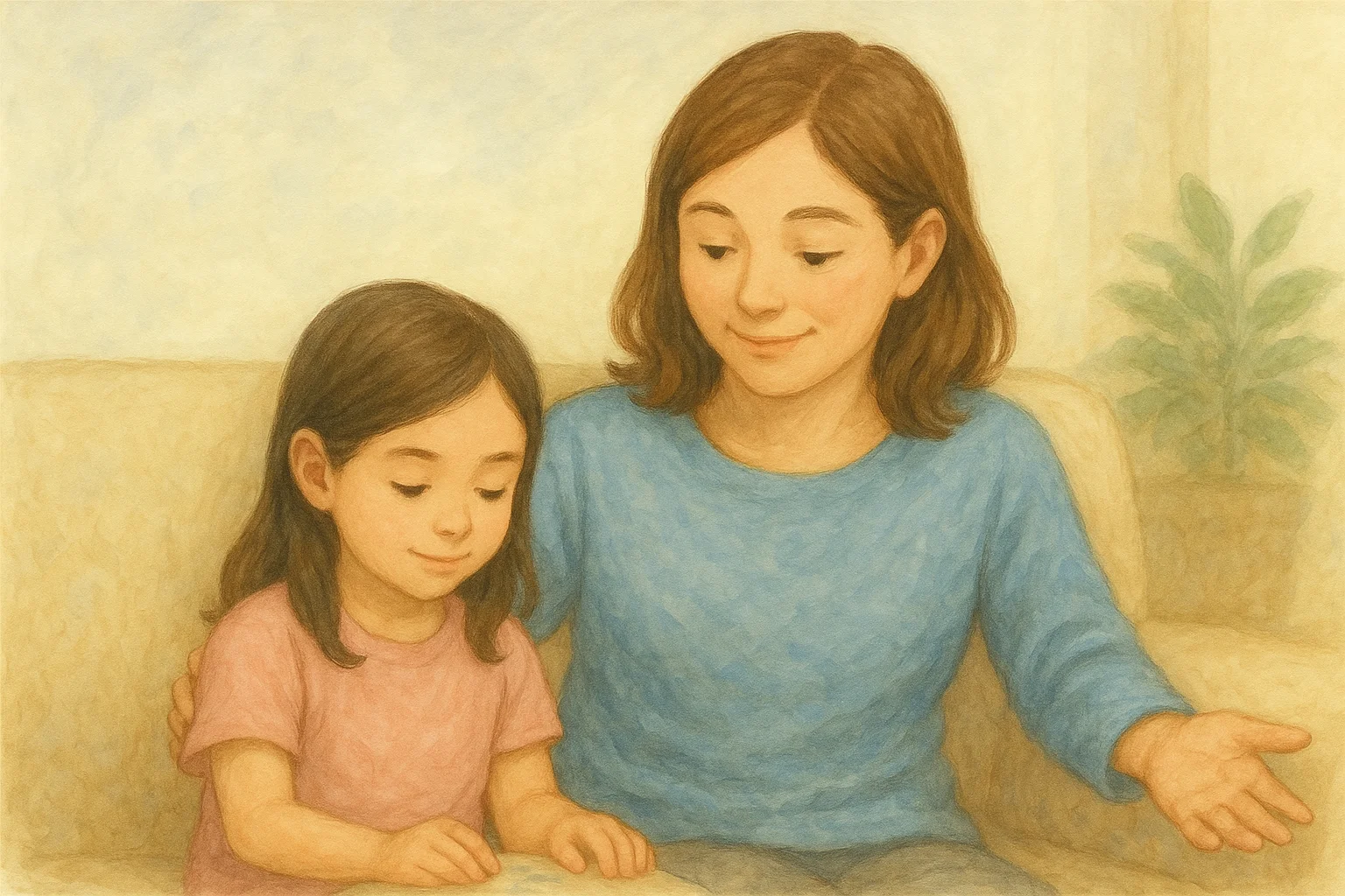 ソファに座りながら幼い娘を優しく見守る母親の水彩画風イラスト。温かみのある家庭的な雰囲気の中、母と子が穏やかに過ごしている様子を描いている。