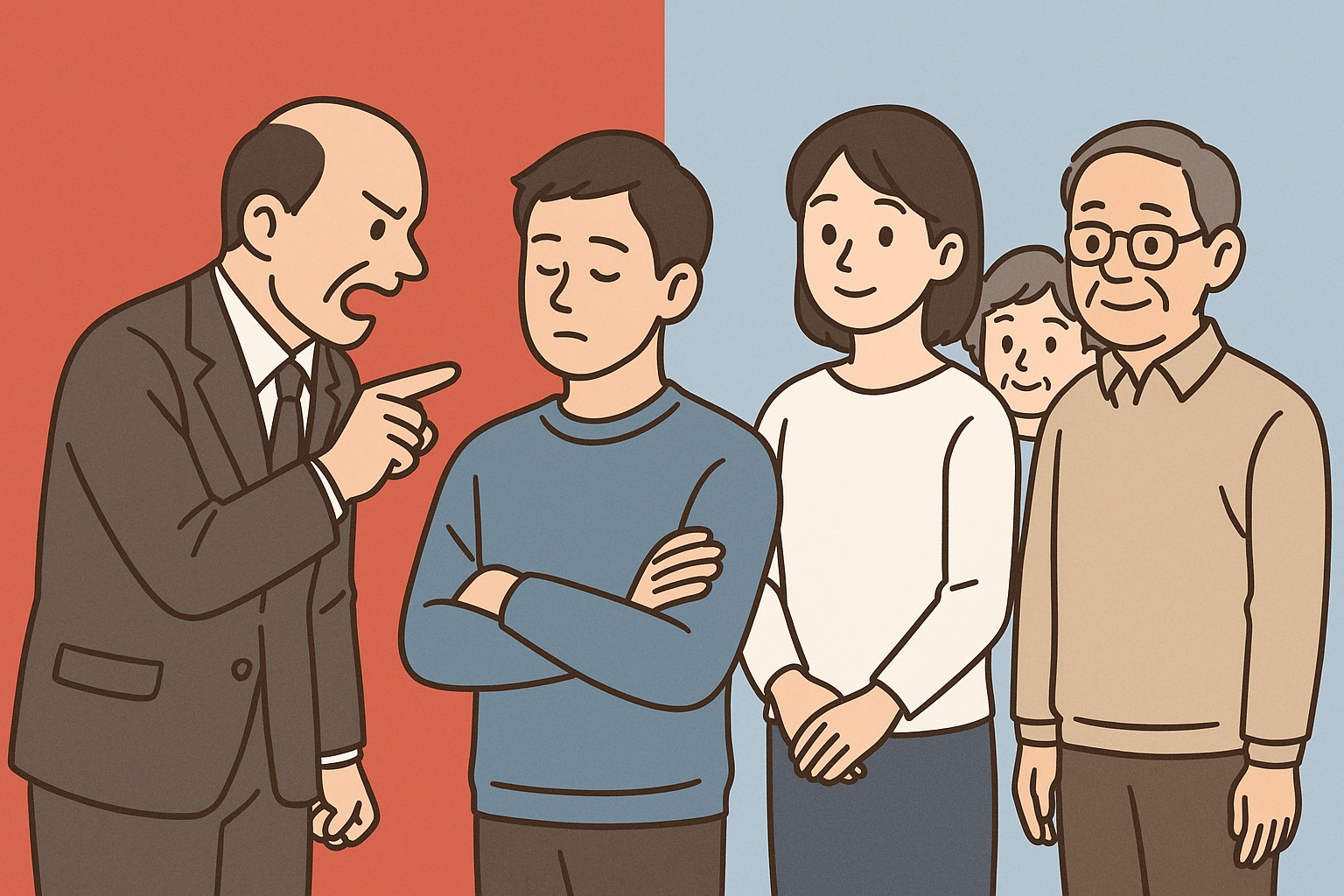 職場でパワハラを受ける中、冷静に距離を取る人物と、それを支える友人や家族を描いたイラスト