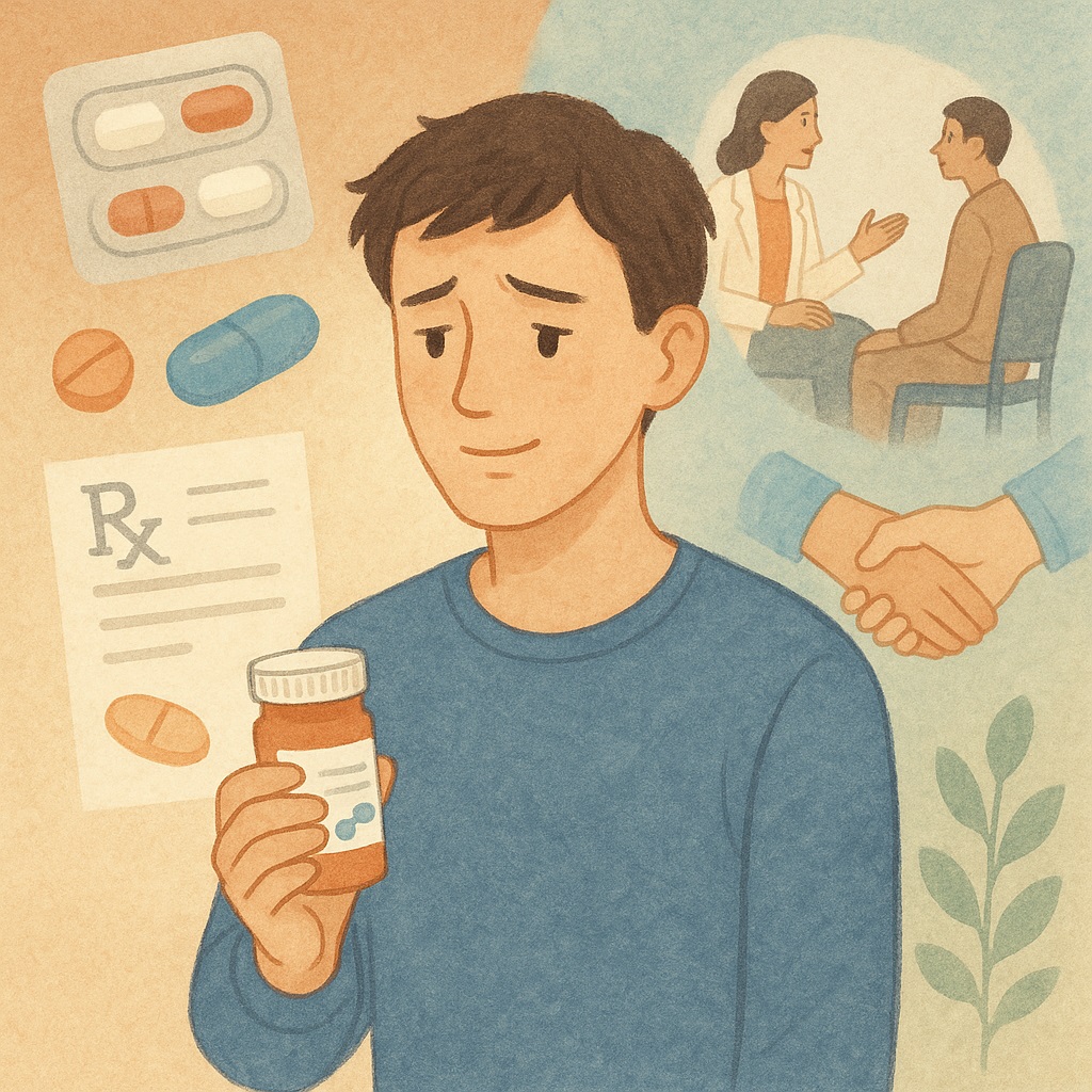 精神病の薬物治療を考える青年のイラスト。薬のボトルを手にしながら考え込む表情を浮かべ、背景には薬と処方箋、カウンセリングや握手の場面が描かれている