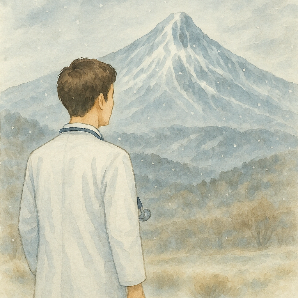 白衣を着た若い男性医師が雪の舞う会津磐梯山を麓から見上げている水彩画風のイラスト