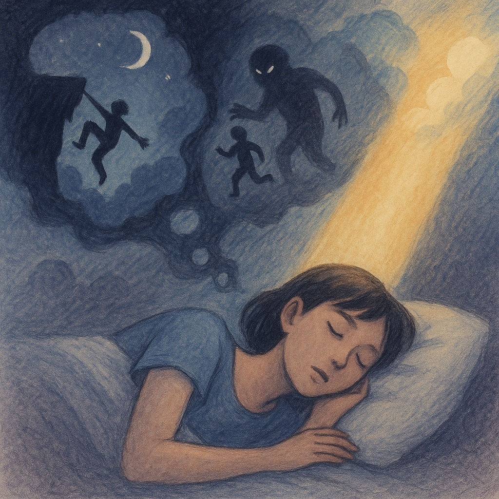 眠る女性の夢の中で、崖から落ちる人影と追いかけられる人物が現れ、右側から温かな光が彼女を照らしている幻想的なイラスト