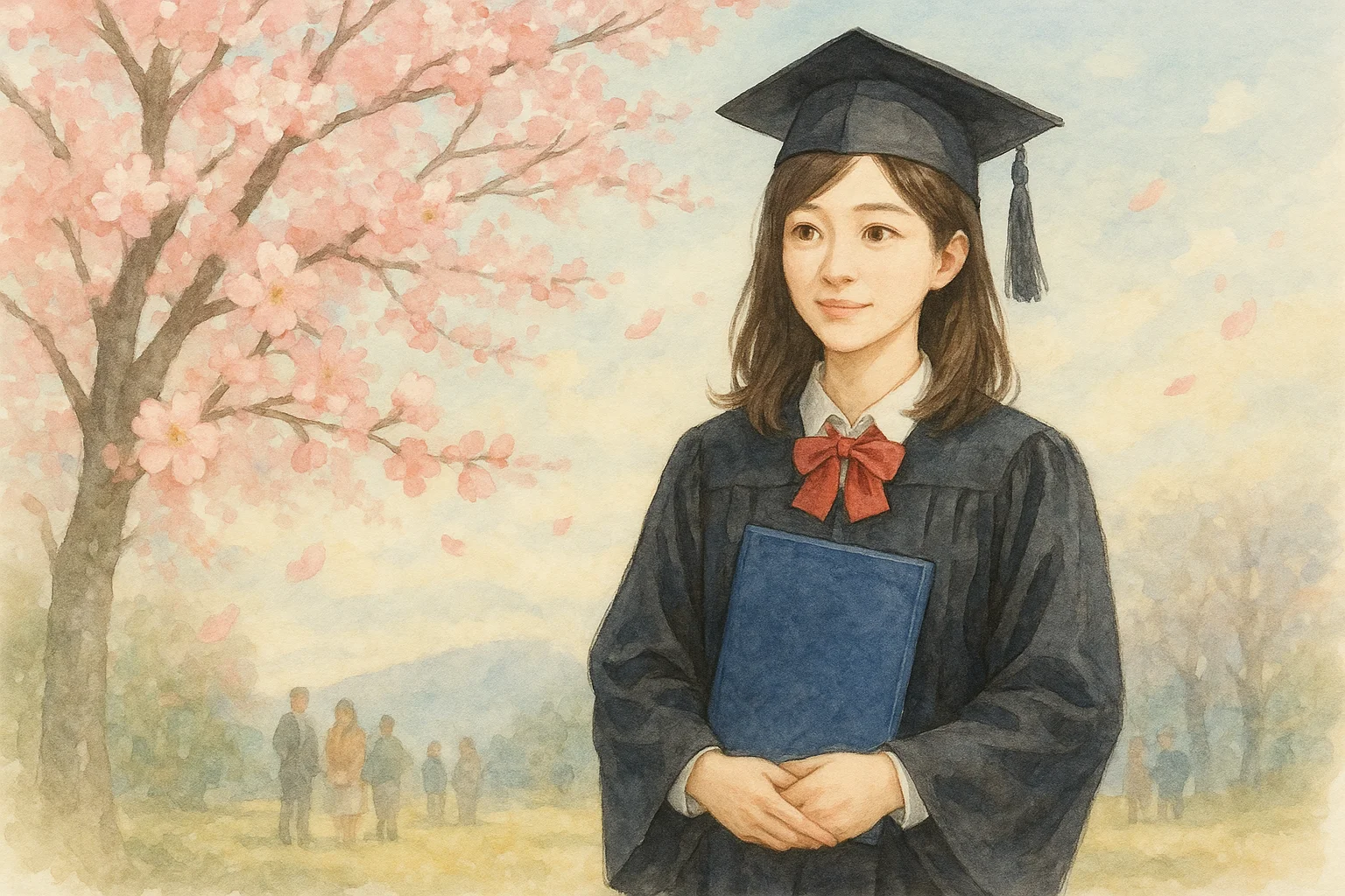 桜の花の下に立つ卒業式の女子大生の水彩画風イラスト。学位帽とガウンを着て卒業証書を手に持ち、春の風景の中で微笑んでい
