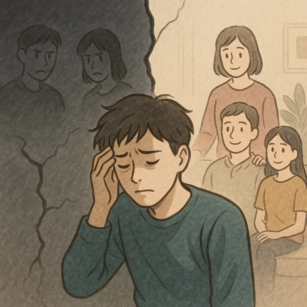 妄想と現実の間で苦しむ青年のイラスト。左側は暗い表情の人々が描かれた妄想の世界、右側は家族に囲まれた穏やかな現実の世界が広がる