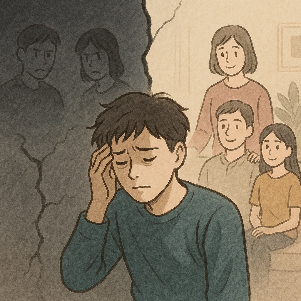 妄想と現実の間で苦しむ青年のイラスト。左側は暗い表情の人々が描かれた妄想の世界、右側は家族に囲まれた穏やかな現実の世界が広がる